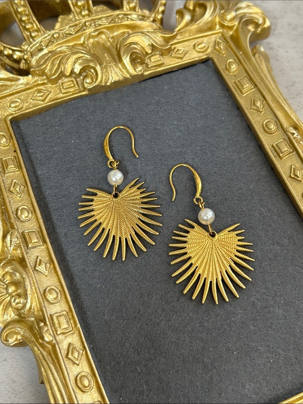 Gold Sunburst Faux Pearl Drop Earrings